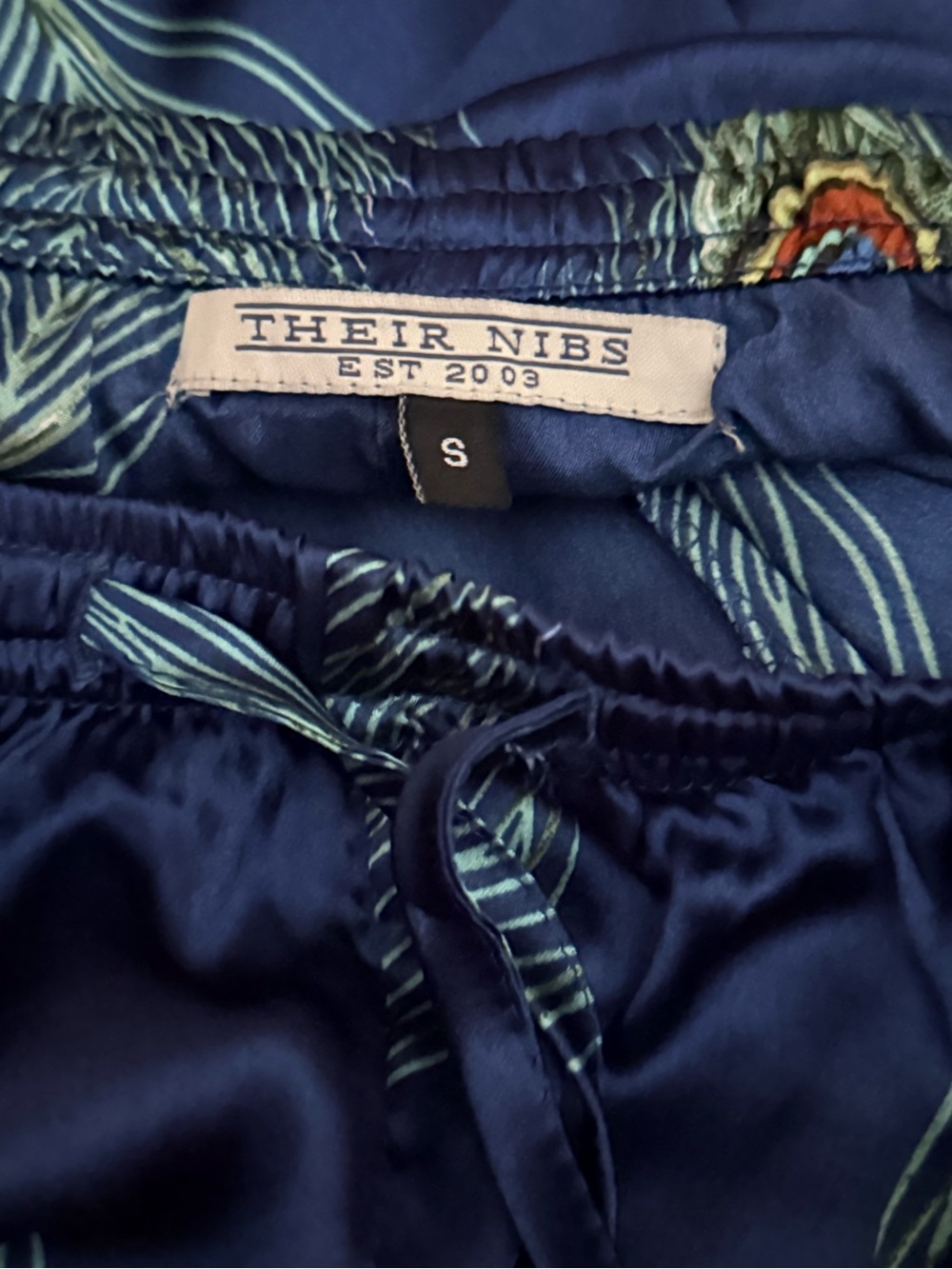 Their Nibs Womens Satin Oversized Pajamas Navy Peacock Feather Size Small - Picture 7 of 8